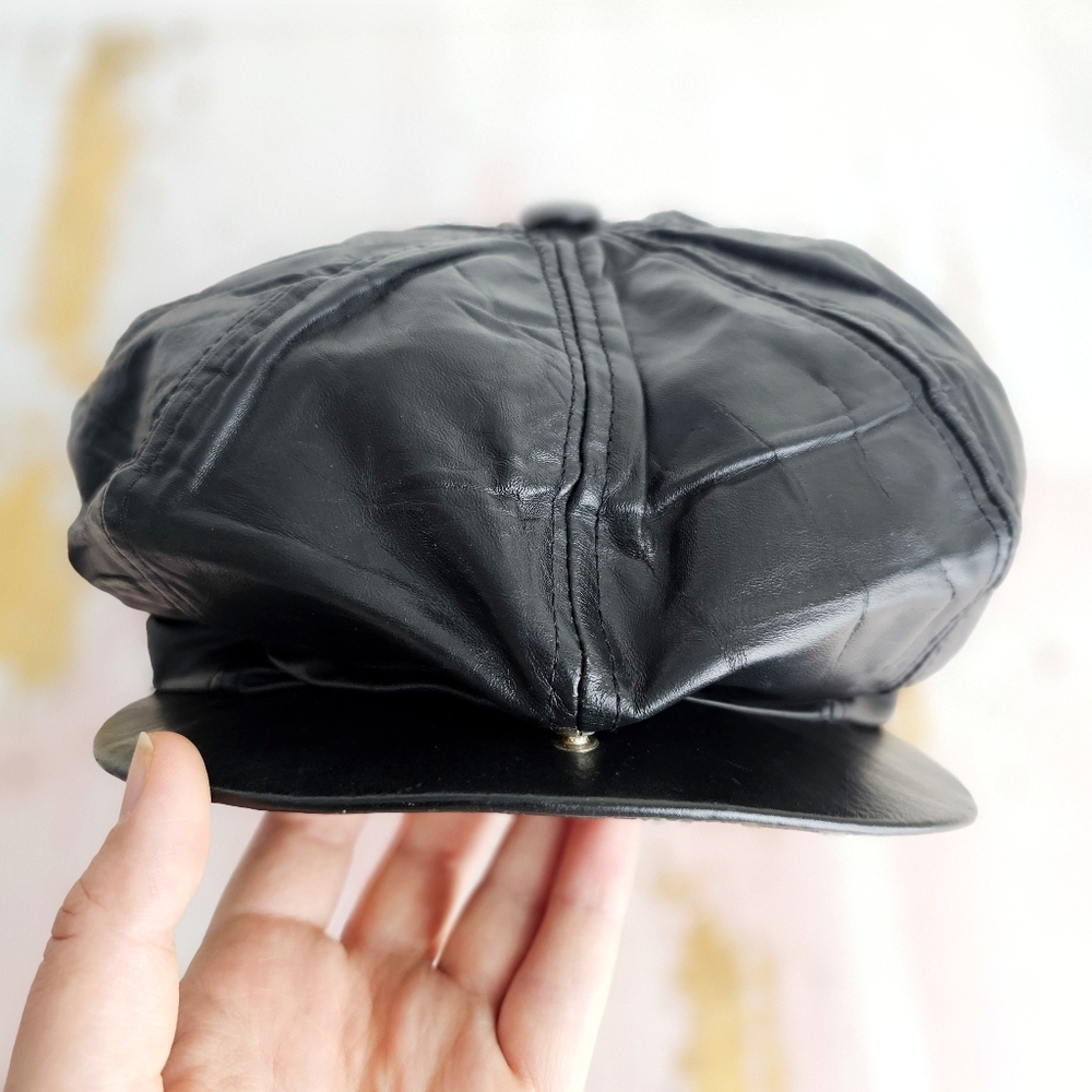 Black Leather Newsboy Cap - Picture 3 of 17